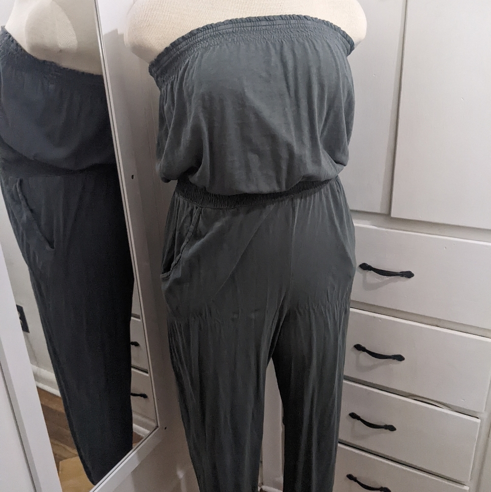 Large Aerie sage colored strapless jumpsuit with pockets